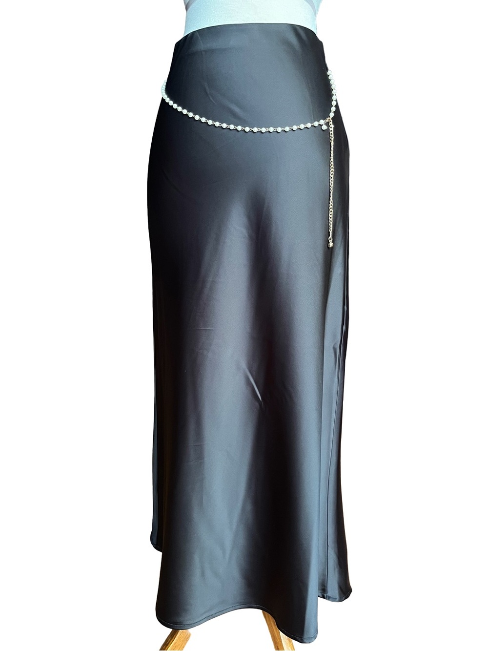 Rachel Zoe Black Satin Midi Skirt with Pearl Chain Fits M